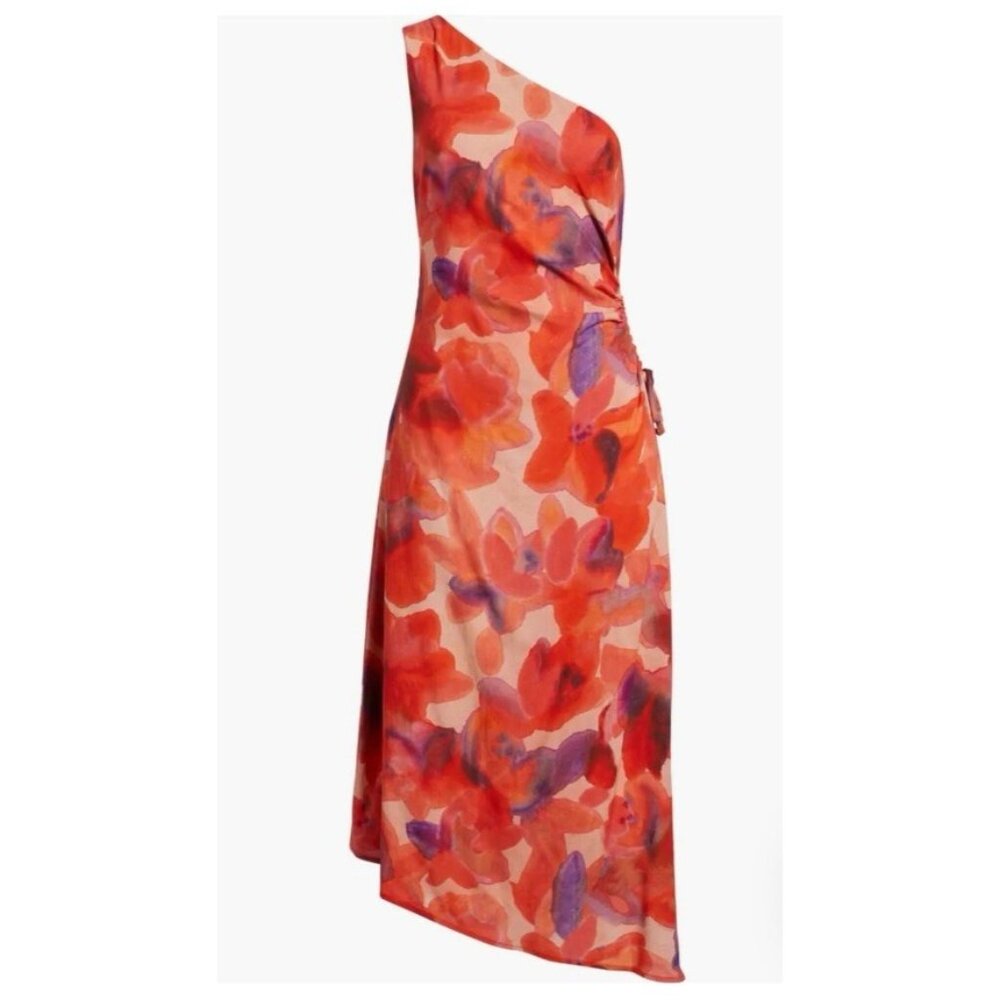 Chelsea28 Midi Dress L Large Purple Orange Pink Floral Linen One Shoulder - Picture 2 of 13
